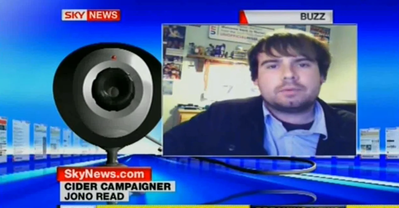 Sky News broadcast screenshot with caption Cider Campaigner Jono Read