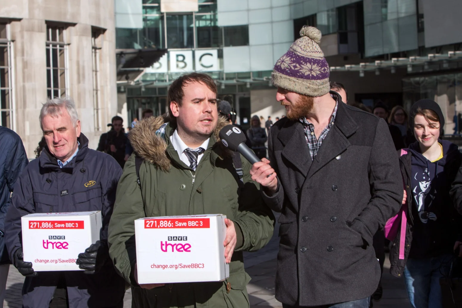 Save BBC Three campaign petition boxes outside the BBC in February 2015