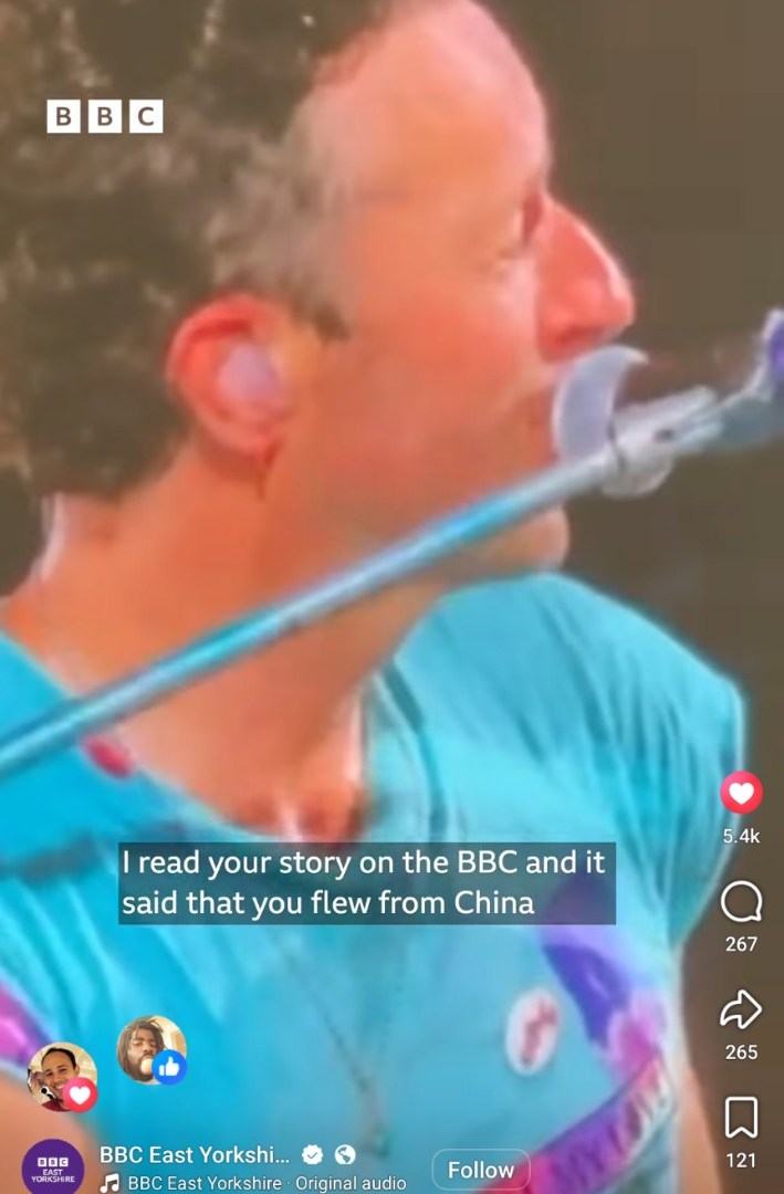 A BBC social video showing Chris Martin talking about having read Raymond's story on the BBC