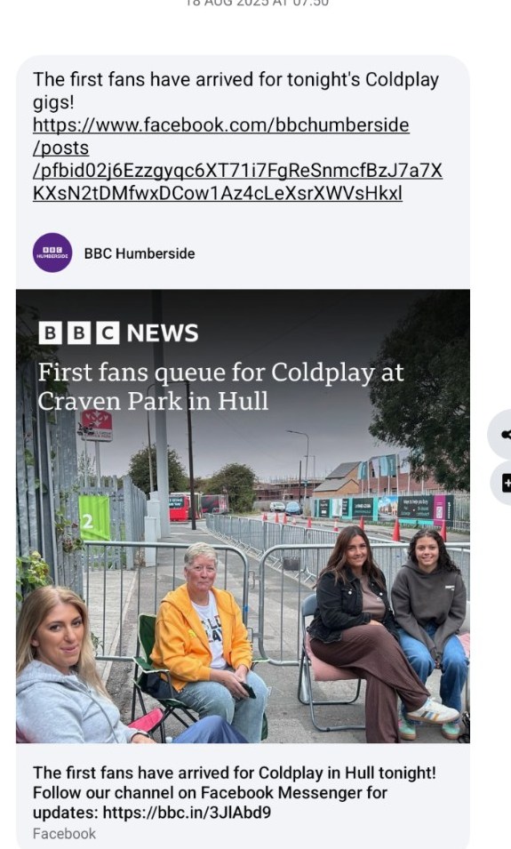 BBC Humberside's Coldplay in Hull Messenger channel sharing information about early fans arriving at the stadium
