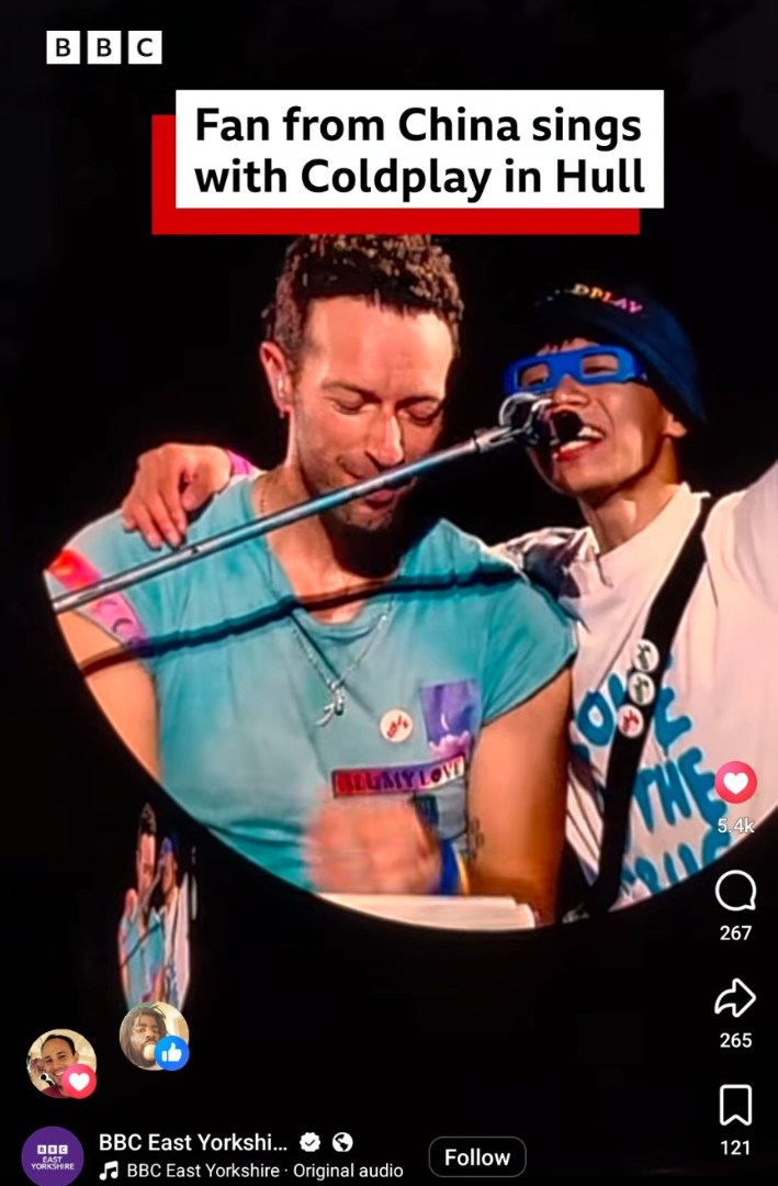BBC social video showing Raymond singing with Coldplay singer Chris Martin on stage in Hull