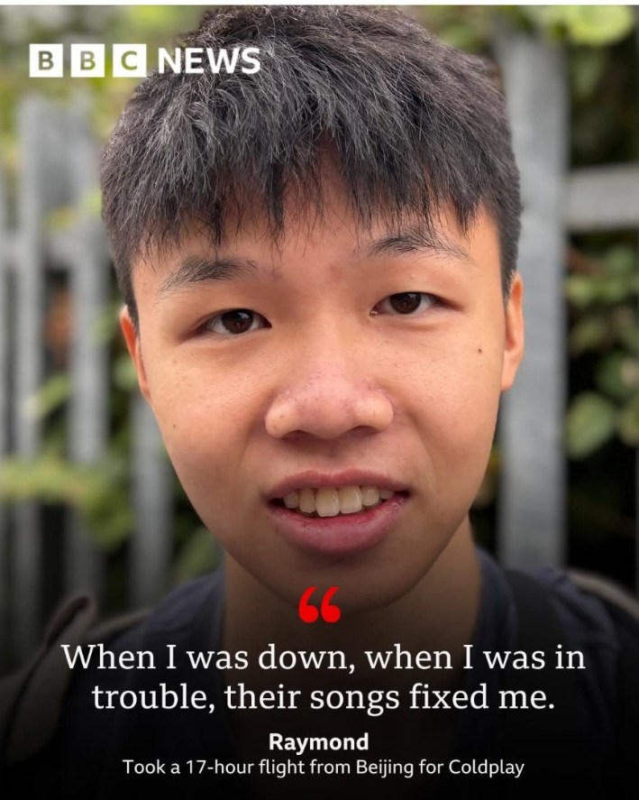 BBC Humberside's social post introducing Raymond, a Coldplay fan who travelled from China to Hull