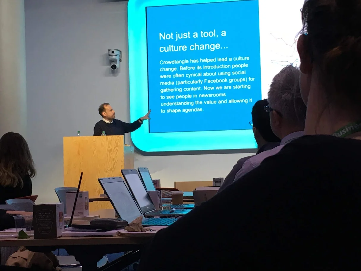 Jono presenting a session on CrowdTangle and cultural change in newsrooms